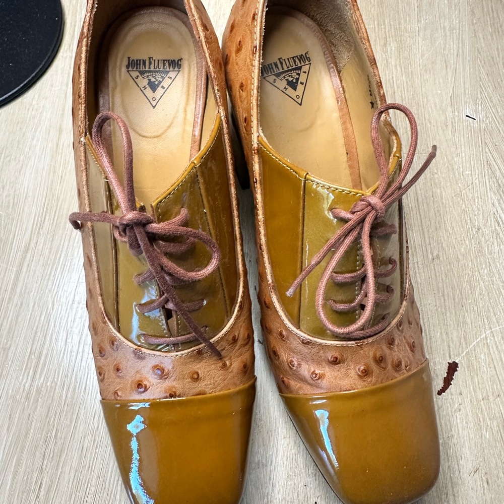 John Fluevog Brown and Tan Heels with Wingtip Design